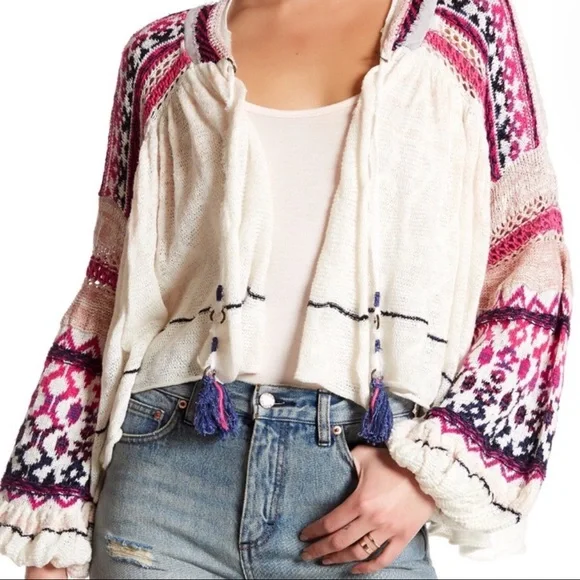 Free People Dreamland Knit Cardigan Womans Small Ivory Pink Balloon Sleeves - Picture 1 of 14